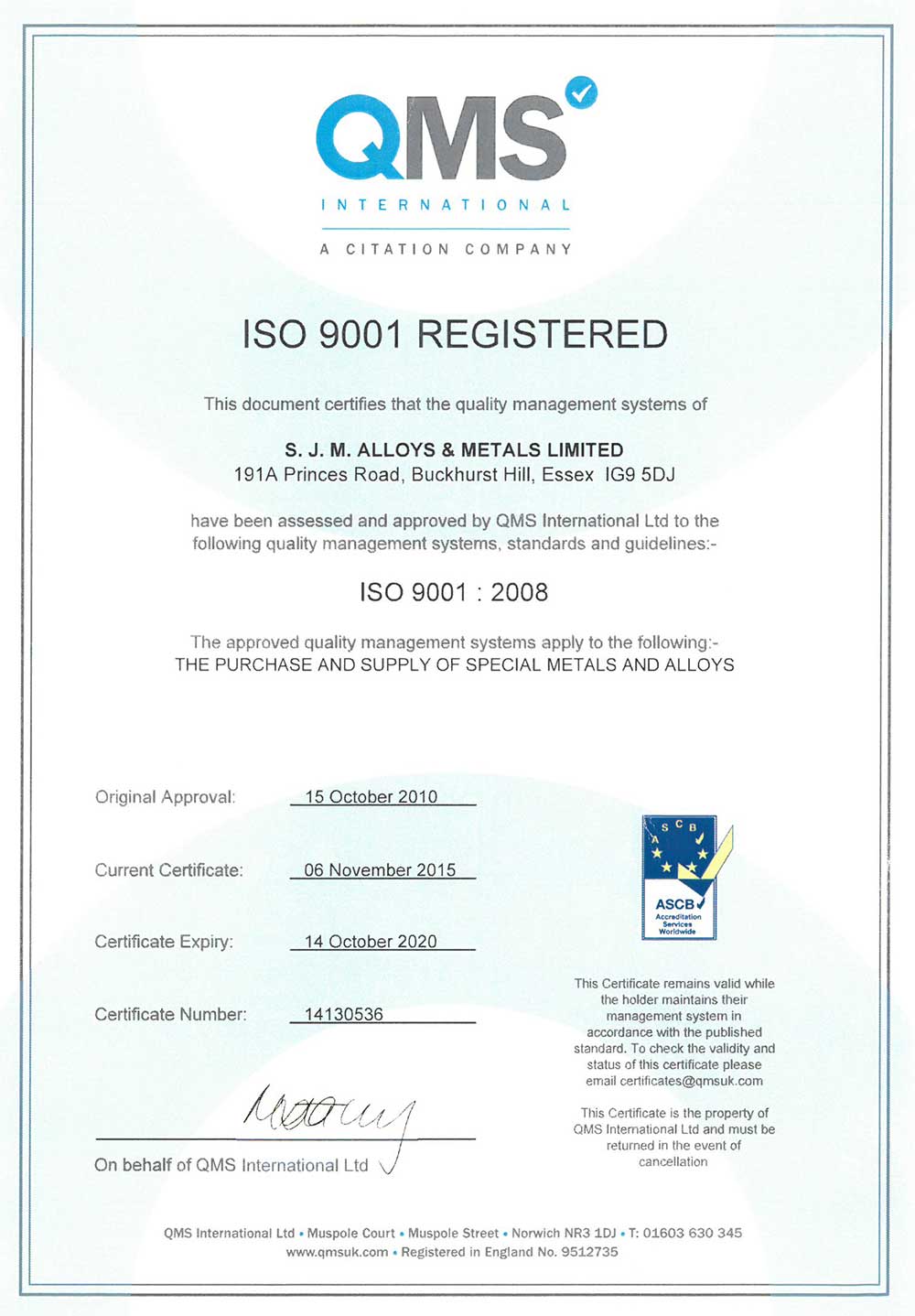 ISO 9001 SJM Alloys and Metals Ltd